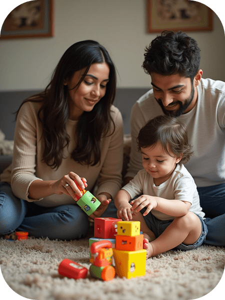 Family playing together on the floor with building blocks